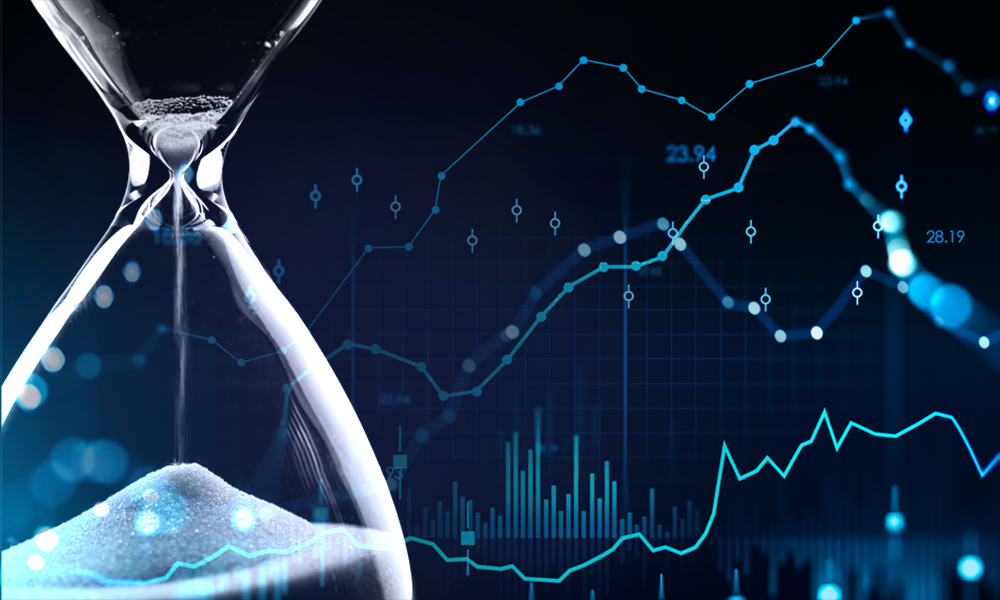 Illustration of an hourglass in front of business data charts